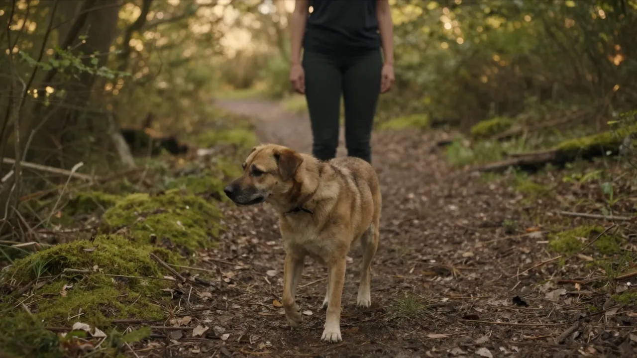 Chien détendu marchant sans laisse sur un sentier forestier, se retournant calmement vers son propriétaire qui n'a pas besoin de tenir la laisse.
